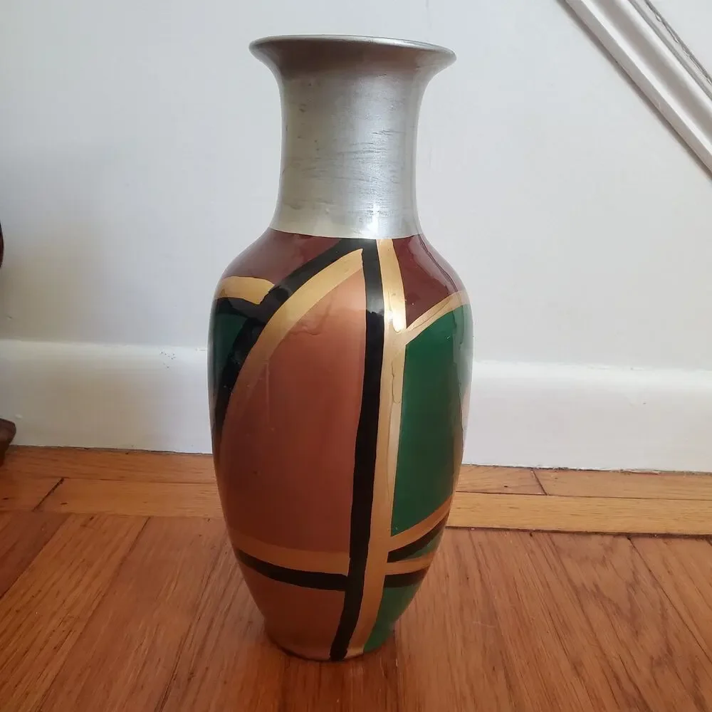 Metallic Color Hand Painted Abstract Geometric Design Vase
